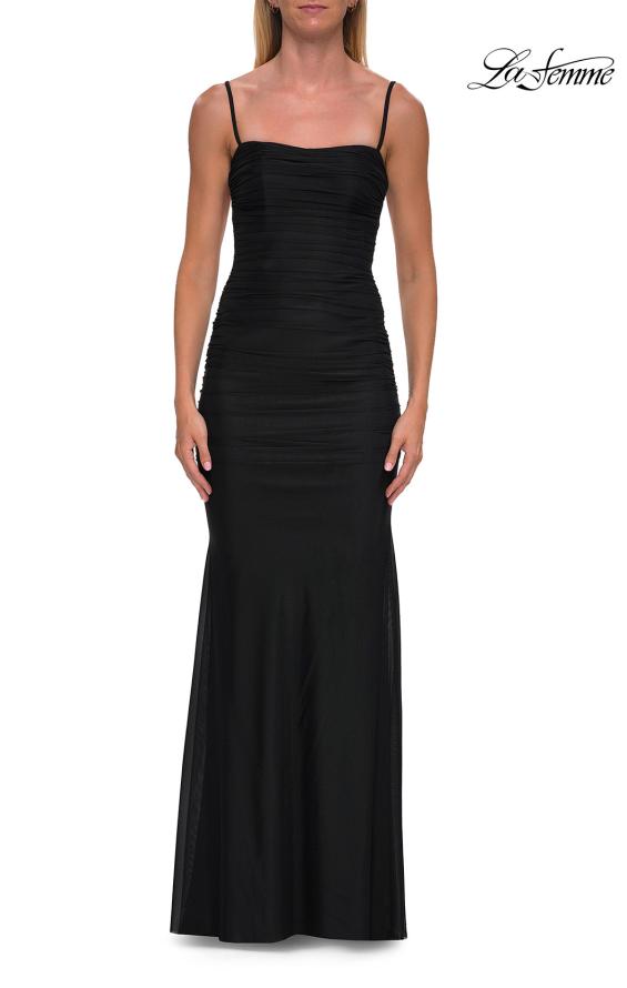 Black Picture of: Ruched Jersey Gown with Low Rhinestone Detail Back in Black, Style: 33560, Detail Picture 9