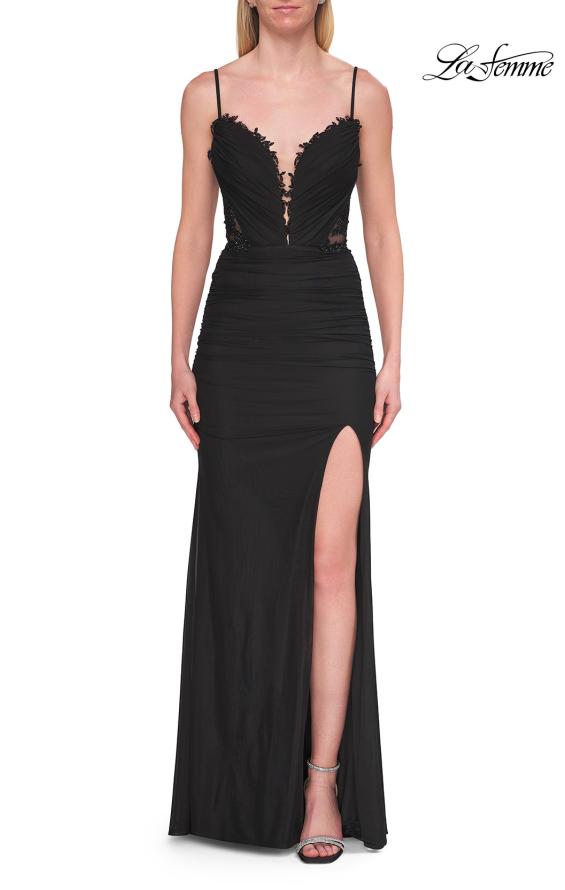Picture of: Ruched Jersey Gown with Beaded Bodice and High Slit in Black, Style: 33665, Detail Picture 9