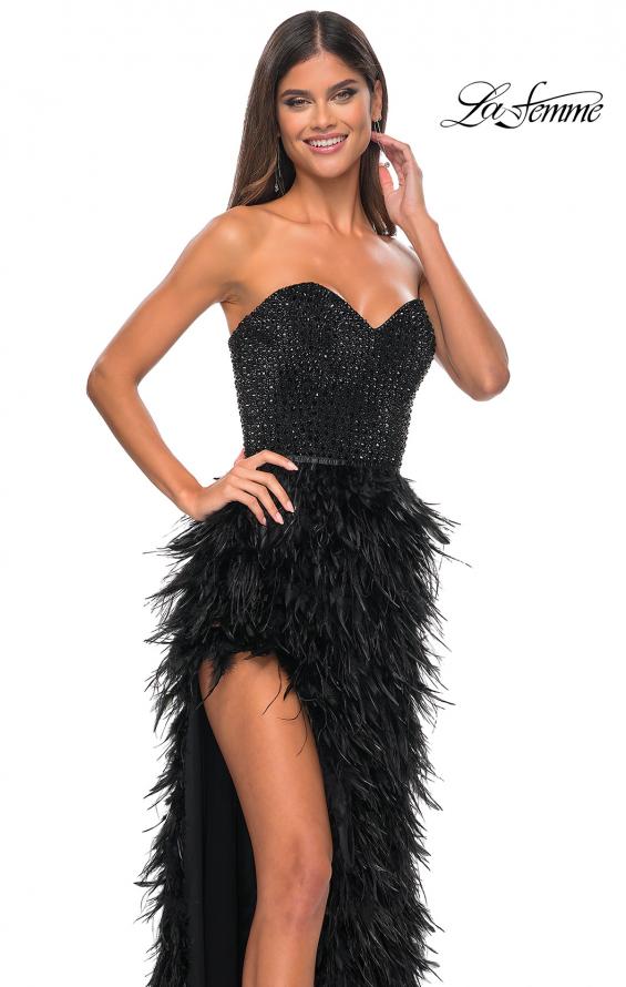 Picture of: Feather Prom Gown with High Slit and Full Rhinestone Strapless Bodice in Black, Style: 32165, Detail Picture 10