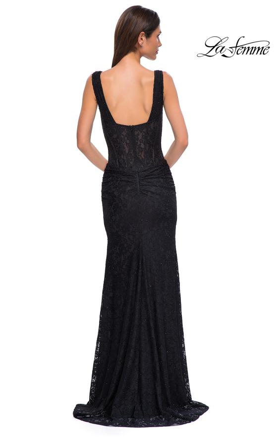 Picture of: Long Stretch Lace Prom Dress with Illusion Corset Waist in Black , Style 32943, Detail Picture 10