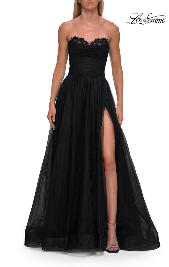Black Picture of: Strapless Lace Corset Tulle Gown with Slit in Black, Style: 33363, Detail Picture 10