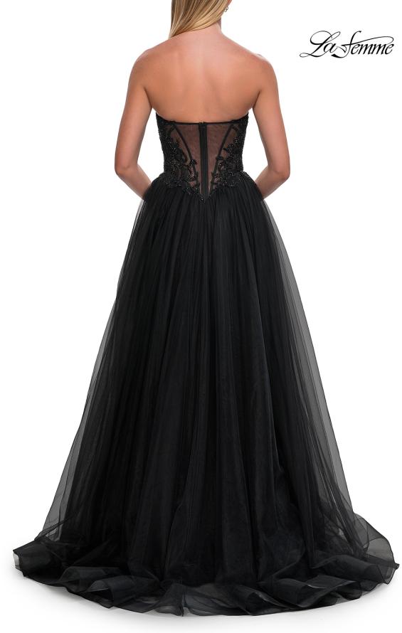 Picture of: Tulle Ball Gown with Beaded Corset Bodice and High Slit in Black, Style: 33410, Detail Picture 10
