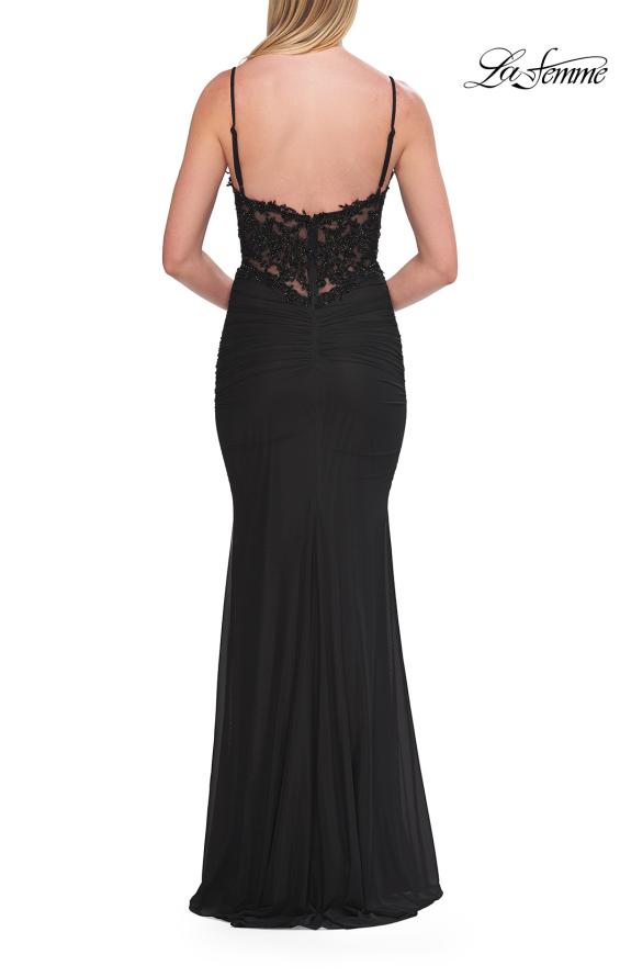 Picture of: Ruched Jersey Gown with Beaded Bodice and High Slit in Black, Style: 33665, Detail Picture 10