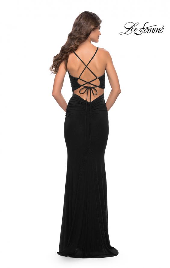 Picture of: Net Jersey Gown with Jeweled Detail in Deep V Neckline in Black, Style: 31114, Detail Picture 11