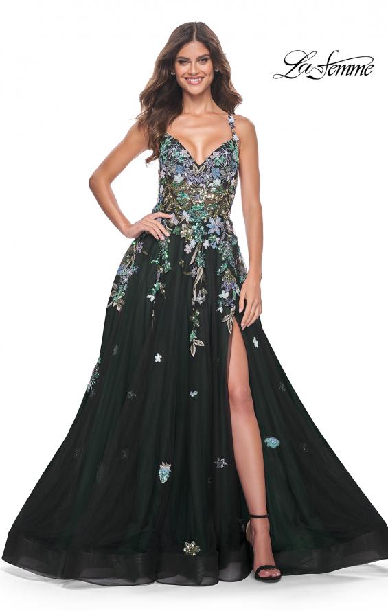 Picture of: Gorgeous Sequin Floral Lace Applique A-Line Tulle Prom Dress in Black, Style: 32023, Detail Picture 11