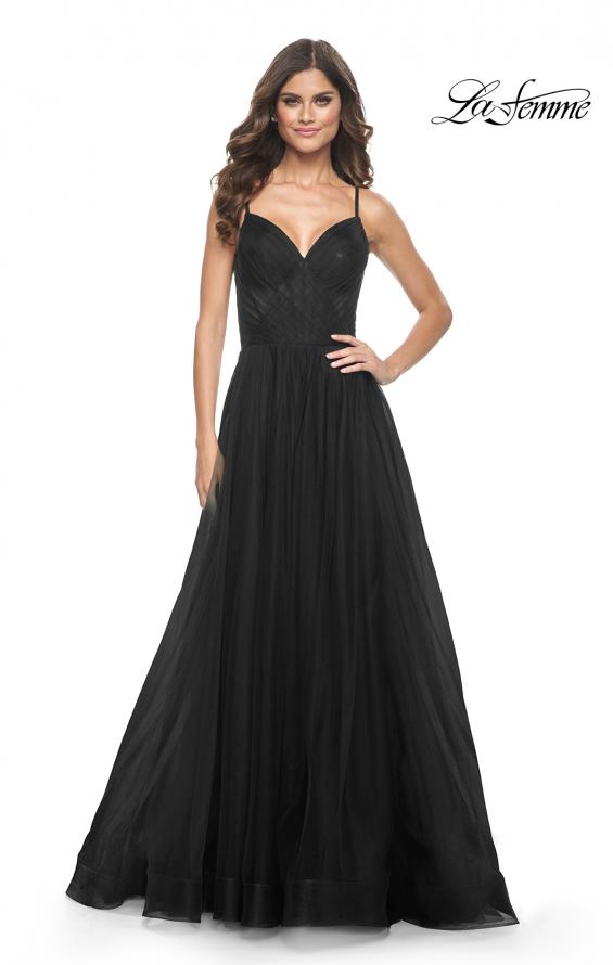 Picture of: Simple Tulle A-LIne Prom Dress with Ruched Illusion Bodice in Black, Style: 32130, Detail Picture 11