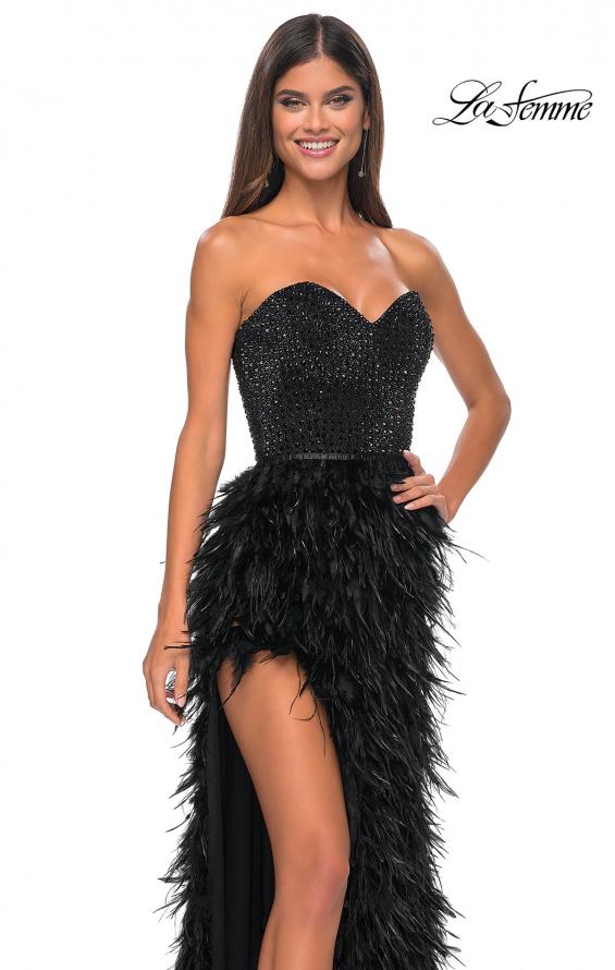 Picture of: Feather Prom Gown with High Slit and Full Rhinestone Strapless Bodice in Black, Style: 32165, Detail Picture 11