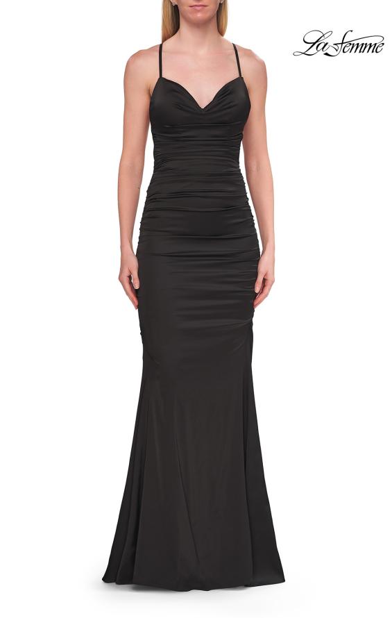 Picture of: Satin Gown with Cowl Neck and Open Back in Black, Style: 33193, Detail Picture 11