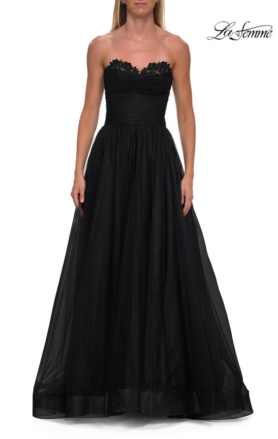 Black Picture of: Strapless Lace Corset Tulle Gown with Slit in Black, Style: 33363, Detail Picture 11