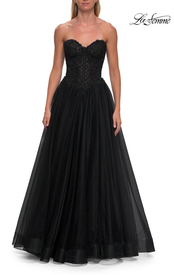 Picture of: Tulle Ball Gown with Beaded Corset Bodice and High Slit in Black, Style: 33410, Detail Picture 11