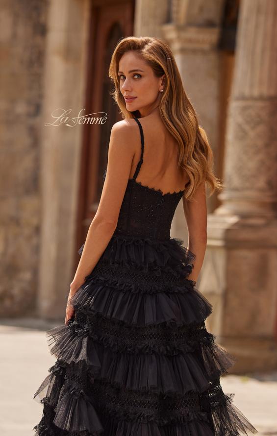 Black Picture of: Tiered Ruffle Gown with Beaded Bodice and High Slit in Black, Style: 33493, Detail Picture 11