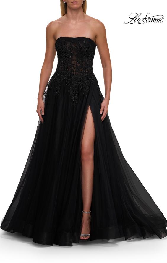 Picture of: Strapless A-Line Gown with Embroidered Corset and Slit in Black, Style: 33528, Detail Picture 11