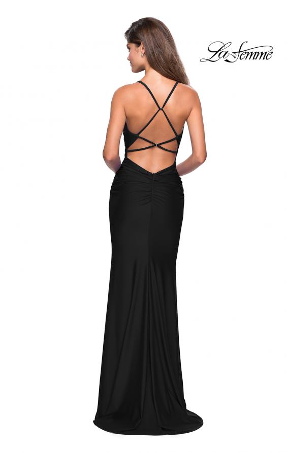 Picture of: Form Fitting Jersey Dress with Ruching and Strappy Back in Black, Style: 27501, Detail Picture 12