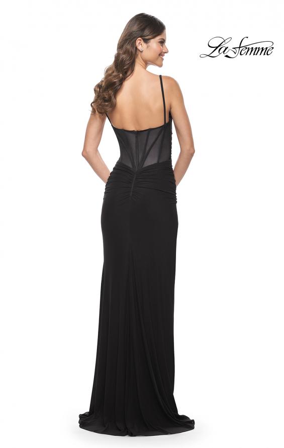 Picture of: Net Jersey Ruched Fitted Dress with Illusion and Boning on Back in Black, Style: 32160, Detail Picture 12