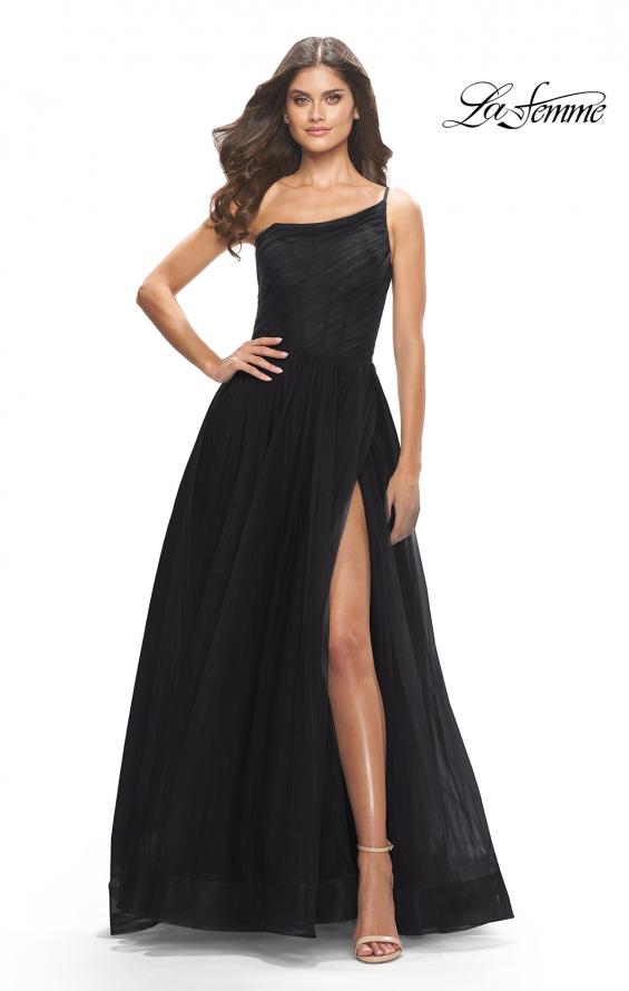 Picture of: One Shoulder A-Line Tulle Gown with Sheer Bodice in Black, Style: 31069, Detail Picture 13