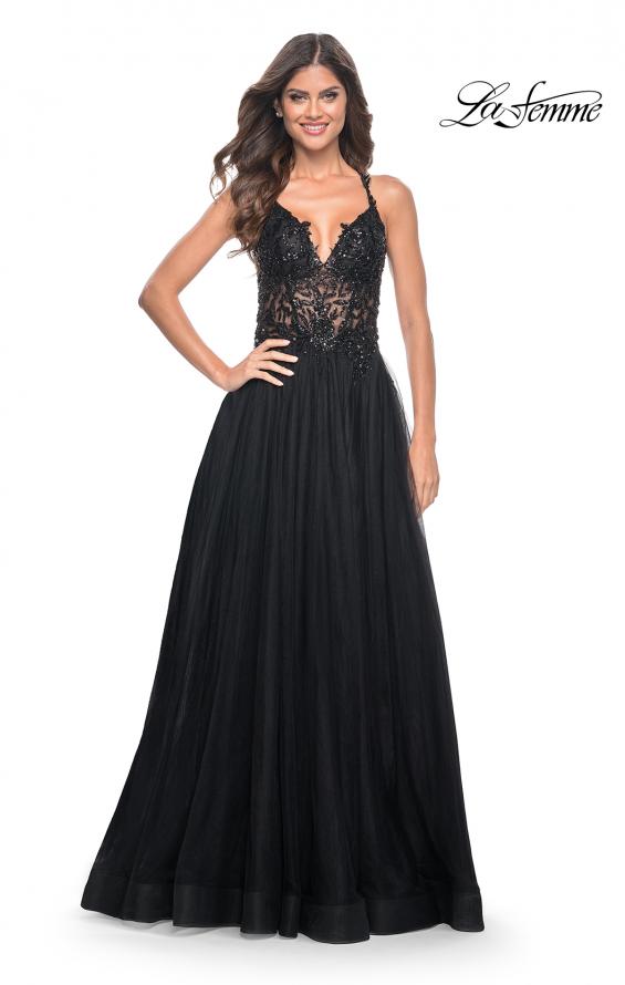 Picture of: Tulle A-Line Gown with Sheer and Beaded Lace Detail in Black, Style: 31471, Detail Picture 13