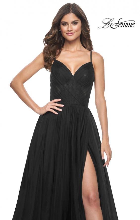 Picture of: Simple Tulle A-LIne Prom Dress with Ruched Illusion Bodice in Black, Style: 32130, Detail Picture 13