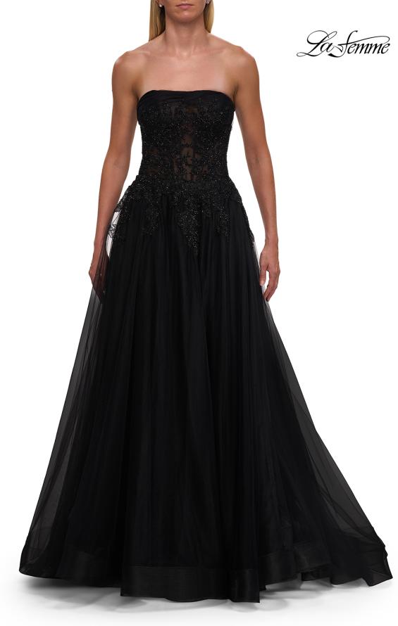 Picture of: Strapless A-Line Gown with Embroidered Corset and Slit in Black, Style: 33528, Detail Picture 13