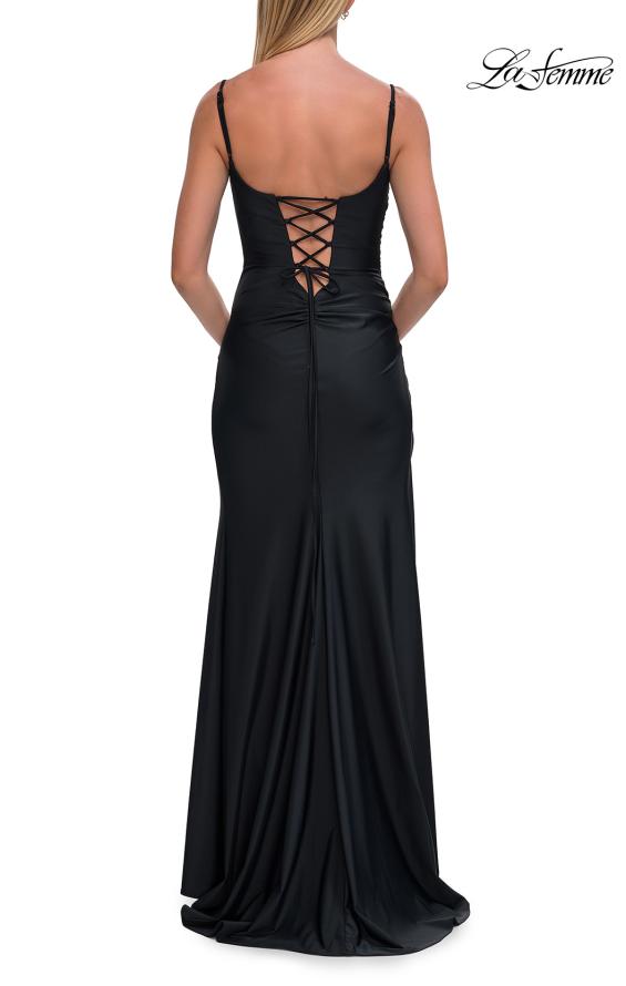Picture of: Cowl Neck Fitted Gown with Slit and Lace-Up Back in Black, Style: 33365, Detail Picture 14
