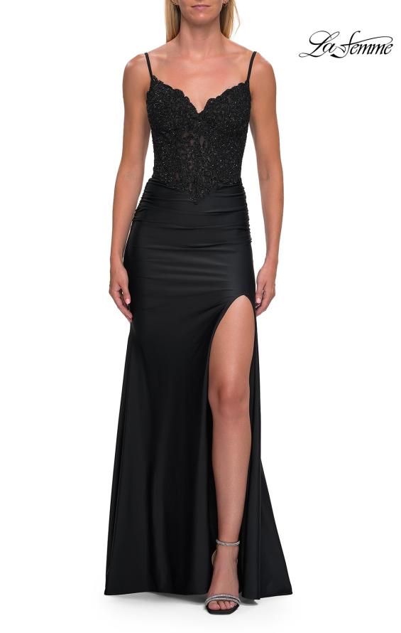 Black Picture of: Rhinestone Lace Bodice Jersey Gown with Slit and Low Back in Black, Style: 33439, Detail Picture 14