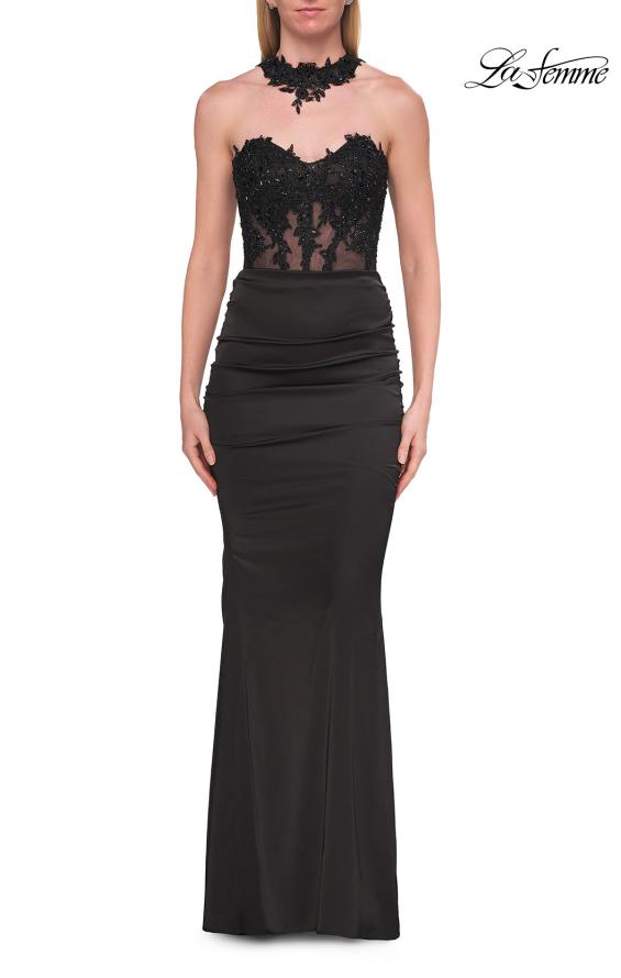 Picture of: Beaded High Neck Lace-Up Jersey Gown in Black, Style: 33696, Detail Picture 14