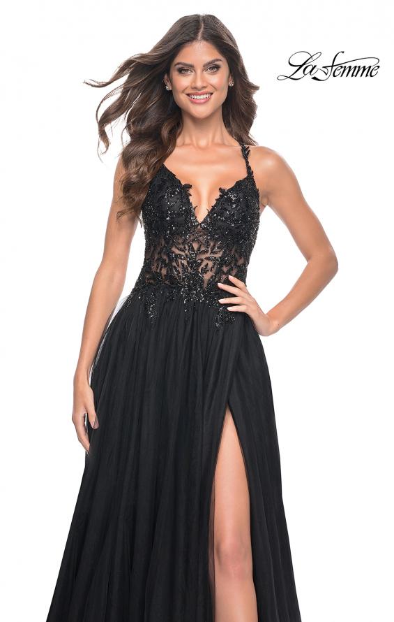 Picture of: Tulle A-Line Gown with Sheer and Beaded Lace Detail in Black, Style: 31471, Detail Picture 15