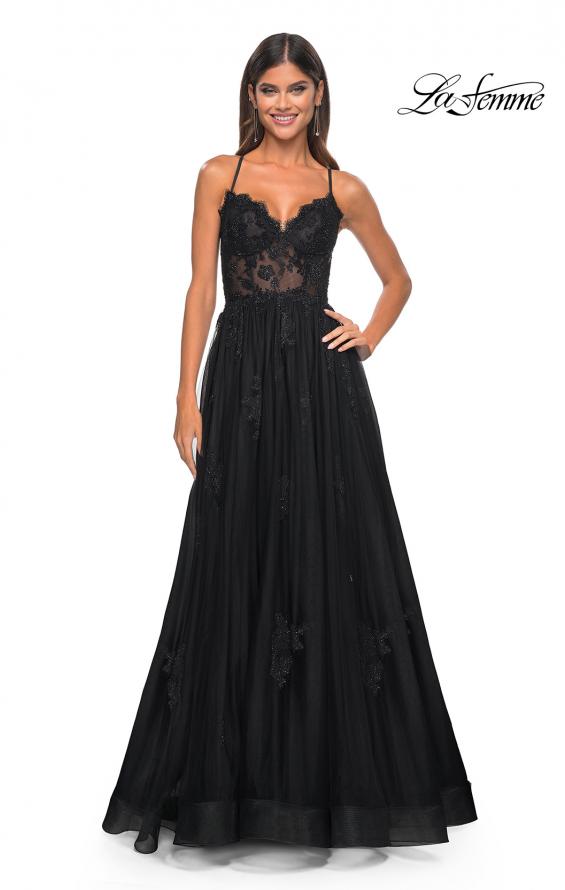 Picture of: A-Line Tulle Gown with Scallop Detail Bodice and Lace Applique in Black, Style: 32028, Detail Picture 15