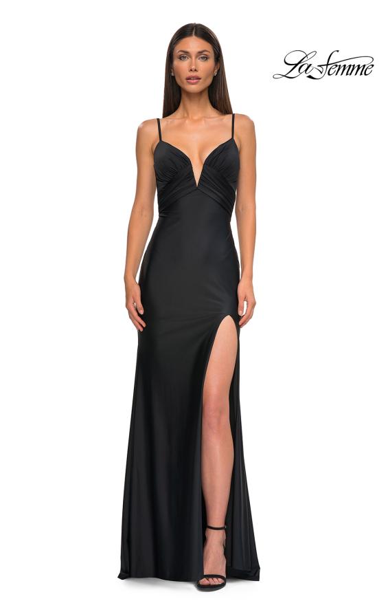 Picture of: Stretch Jersey Prom Dress with Ruched Waist and V Neckline in Black , Style 32938, Detail Picture 15