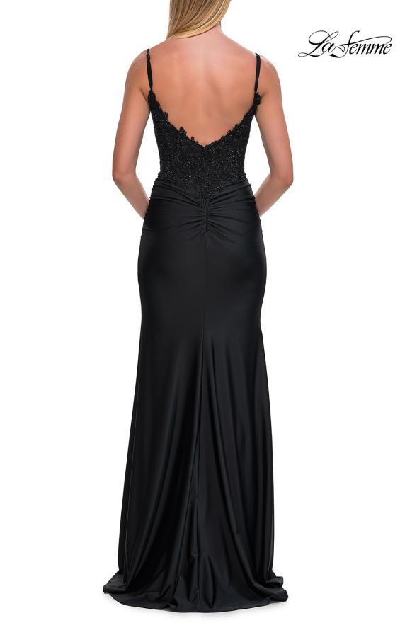 Black Picture of: Rhinestone Lace Bodice Jersey Gown with Slit and Low Back in Black, Style: 33439, Detail Picture 15