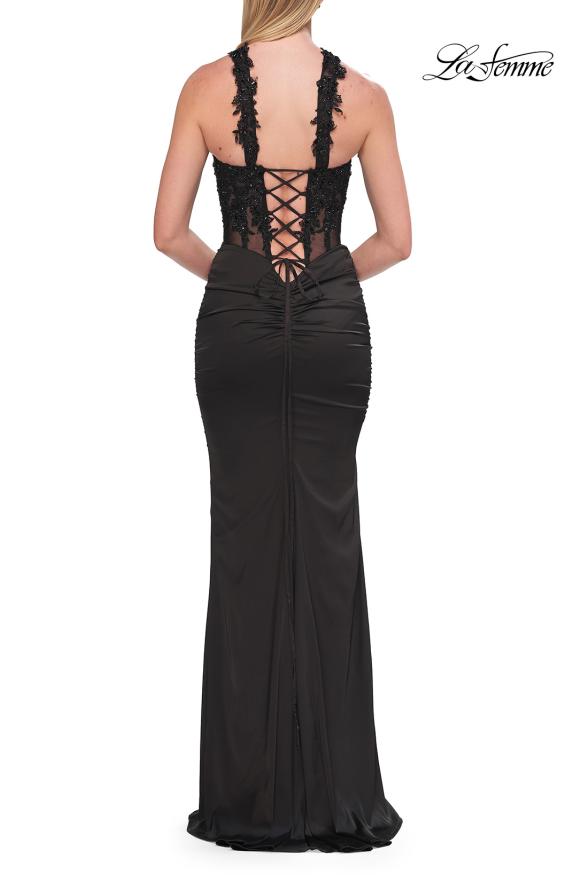 Picture of: Beaded High Neck Lace-Up Jersey Gown in Black, Style: 33696, Detail Picture 15