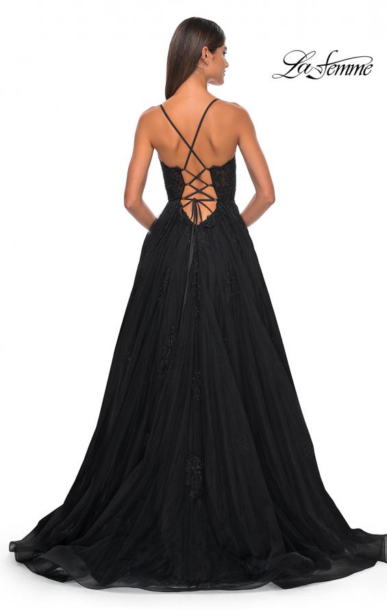 Picture of: A-Line Tulle Gown with Scallop Detail Bodice and Lace Applique in Black, Style: 32028, Detail Picture 16