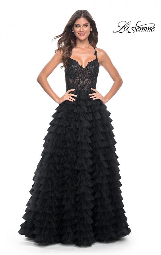 Picture of: Ruffle Tulle Prom Gown with Illusion Lace Bodice and High Slit in Black, Style: 32128, Detail Picture 16