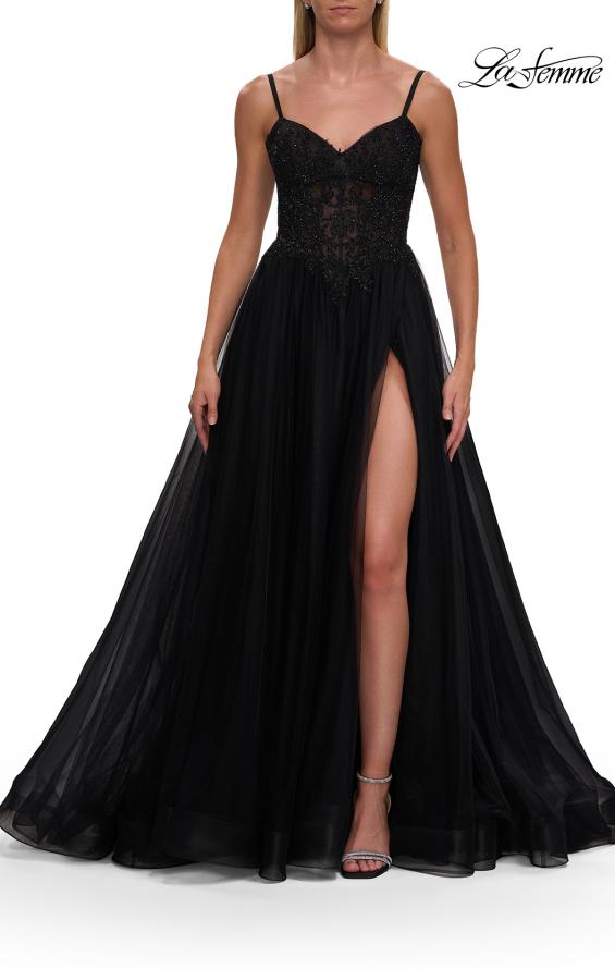 Black Picture of: Lace Corset Tulle Gown with High Slit and A-Line Skirt in Black, Style: 33436, Detail Picture 16