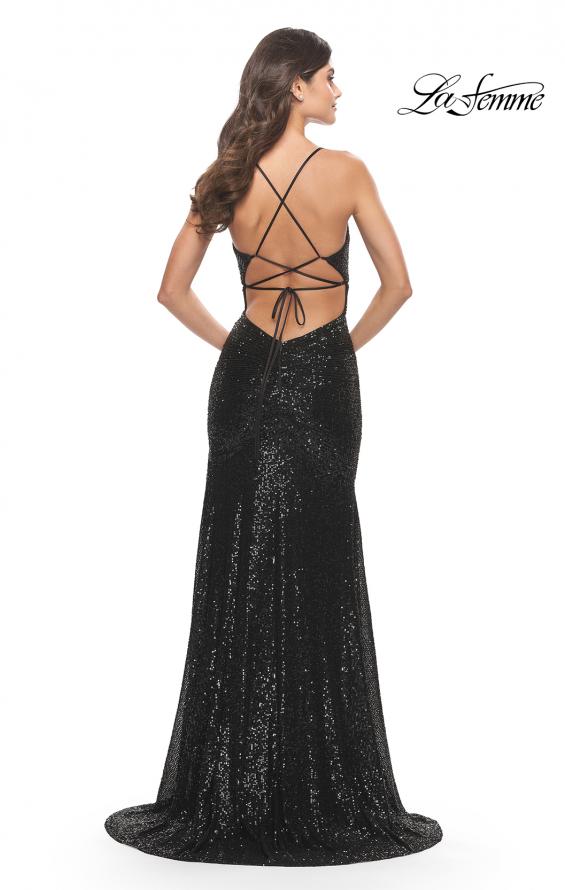Picture of: Long Sequin Gown with Dramatic Flare Skirt and Slit in Black, Style: 31140, Detail Picture 17