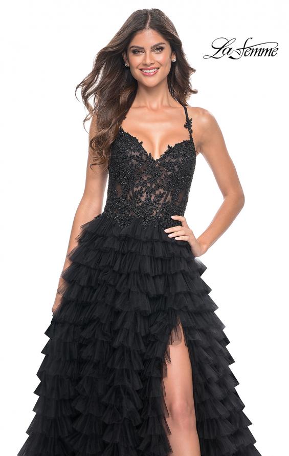 Picture of: Ruffle Tulle Prom Gown with Illusion Lace Bodice and High Slit in Black, Style: 32128, Detail Picture 17