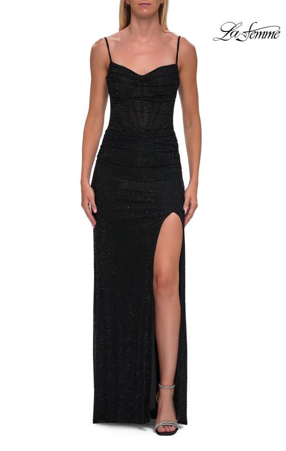 Picture of: Rhinestone Fitted Gown with Draped Bodice and Sheer Corset Back in Black, Style: 33343, Detail Picture 17