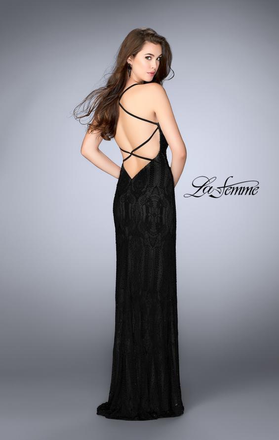 Picture of: Patterned Lace Prom Gown with Thin Straps in Black, Style: 24740, Back Picture