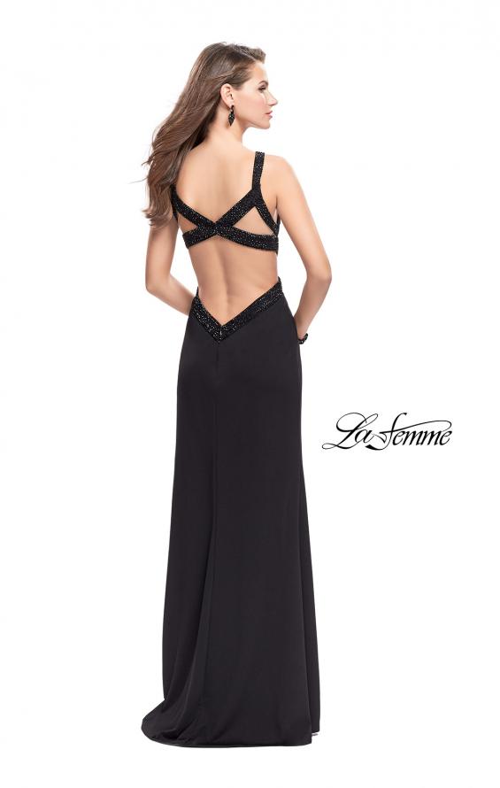 Picture of: Jersey Prom Dress with Cut Outs and Tonal Beading in Black, Style: 25237, Back Picture