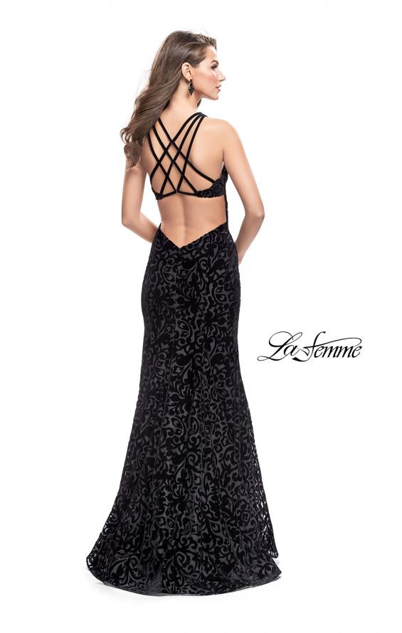 Picture of: Long Velvet Gown with a High Neck and Deep V in Black, Style: 25490, Back Picture