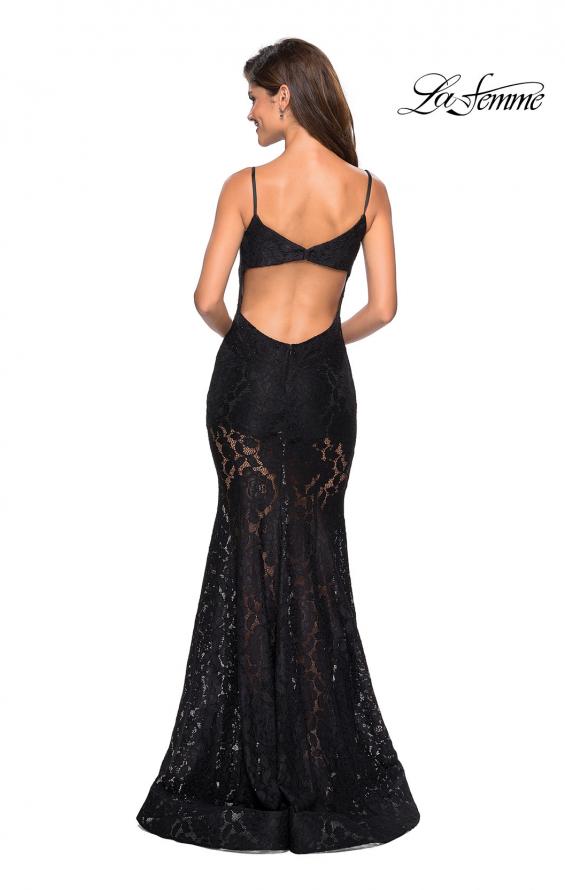 Picture of: Long Form Fitting Lace Prom Dress with Attached Shorts in Black, Style: 27584, Back Picture