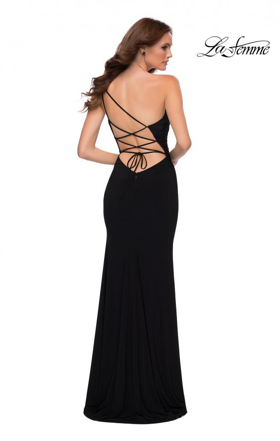 Picture of: Chic One Shoulder Jersey Gown with Lace Up Back in Black, Style 29612, Back Picture