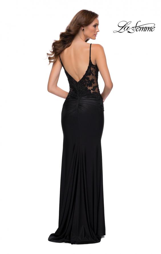 Picture of: Jersey Gown with Sheer Lace Bodice and Ruching in Black, Style 29774, Back Picture