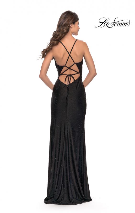 Picture of: Drape Neckline Jeweled Jersey Prom Dress with High Slit in Black, Style: 31221, Back Picture