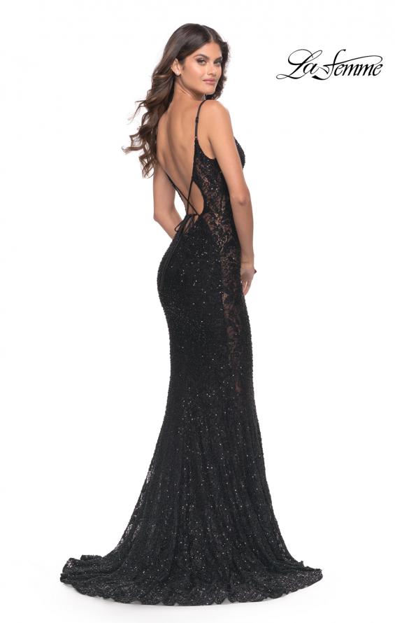 Picture of: Beaded Lace Mermaid Gown with Sheer Side Panels in Black, Style: 31257, Back Picture