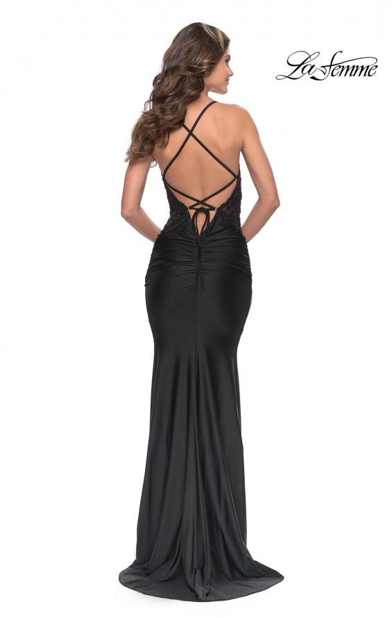 Picture of: Lace Sheer Bodice Dress with Scallop Details and Ruched Skirt in Black, Style: 31336, Back Picture
