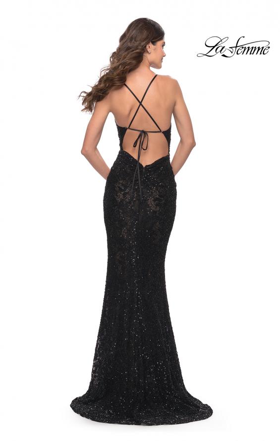 Picture of: Beaded Lace Long Dress with Illusion Bodice in Black, Style: 31359, Back Picture