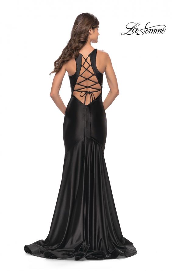Picture of: Trumpet Liquid Jersey Dress with Deep V Mesh Neckline in Black, Style: 31377, Back Picture