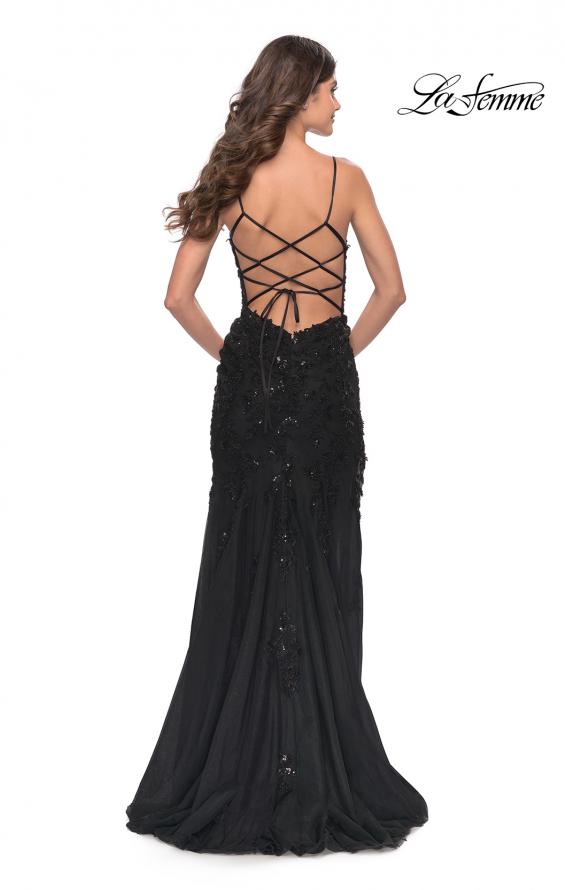 Picture of: Long Tulle Gown with Stunning Beaded Lace Applique Details in Black, Style: 31382, Back Picture
