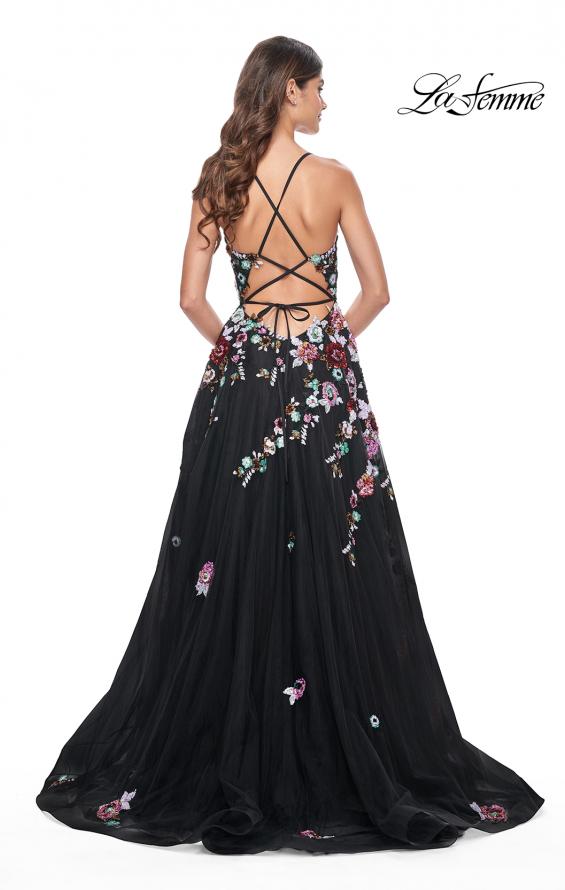 Picture of: Multi Color Sequin Floral Applique A-Line Prom Dress in Black, Style: 32051, Back Picture