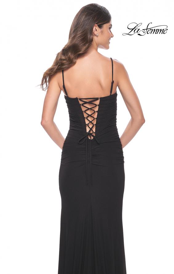 Picture of: Net Jersey Ruched Dress with Rhinestone Fishnet Detail on Bust in Black, Style: 32219, Back Picture